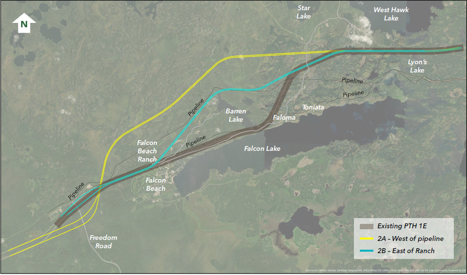 A map showing the proposed routes for the PTH1 twinning around Falcon Lake and West Hawk